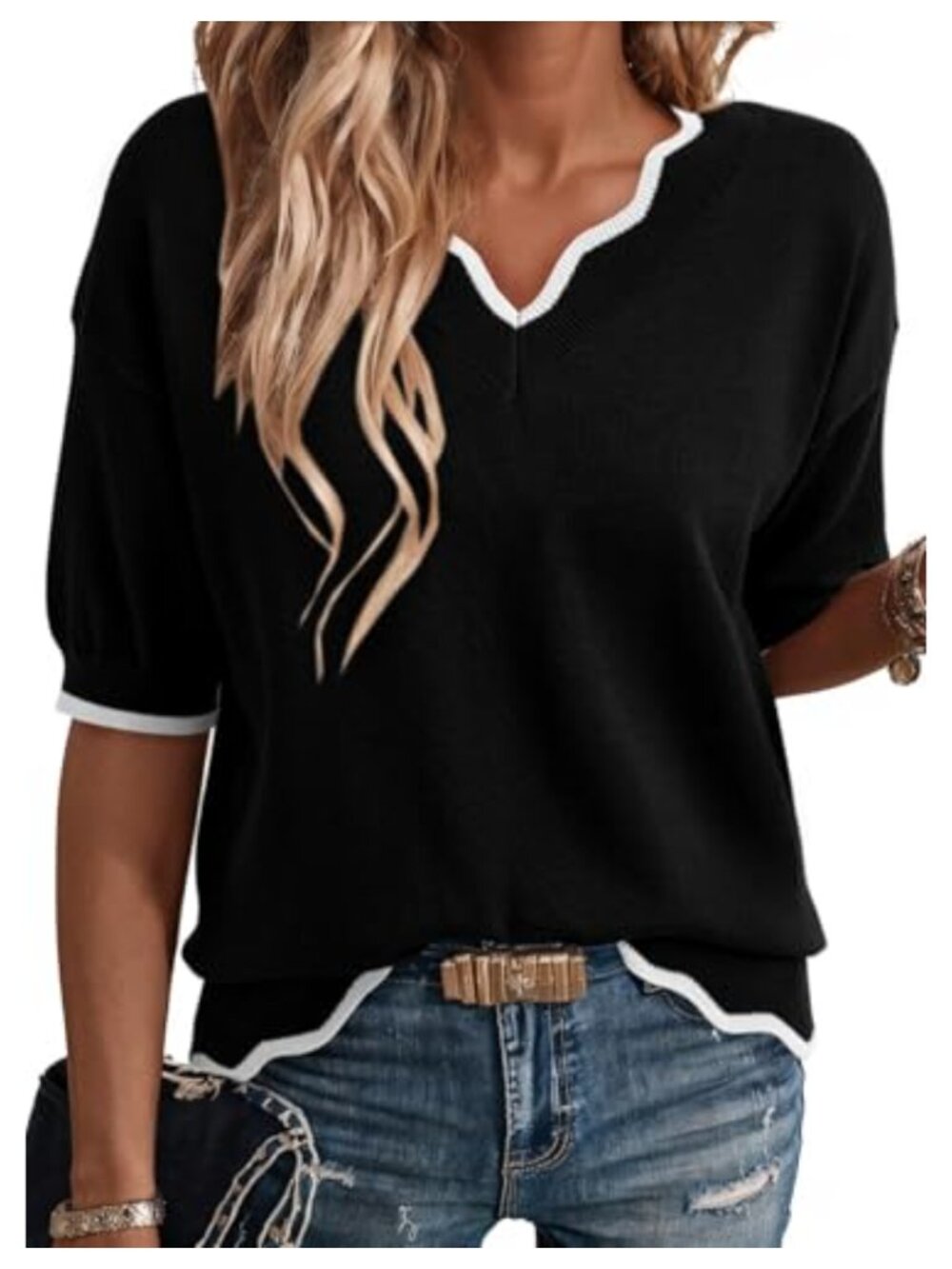 Women's Short Sleeve Ribbed Knit Pullover Sweater Lightweight Cotton